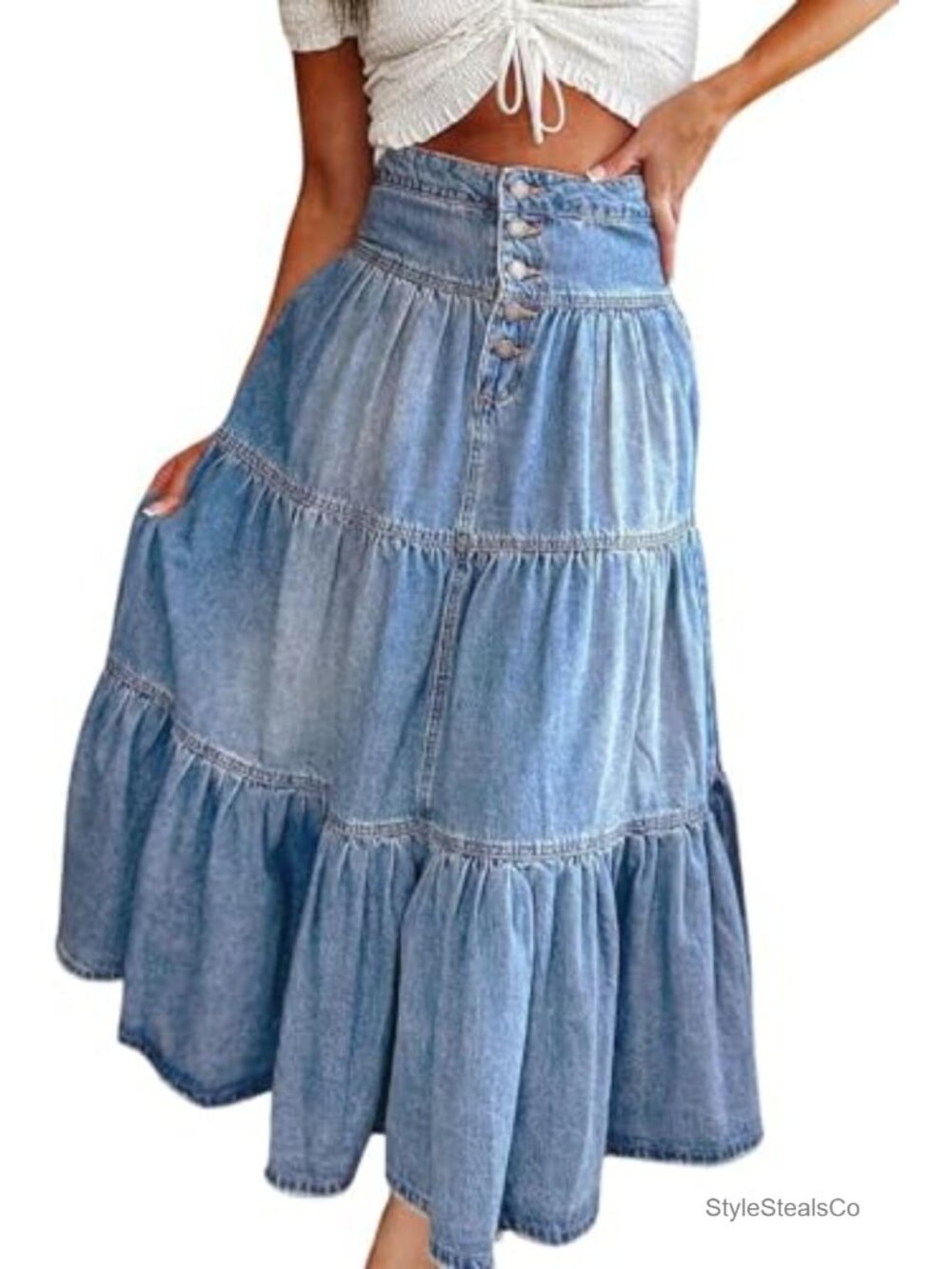 High Waist Denim Maxi Skirt Button Tiered Ruffle A-Line Cotton Blend